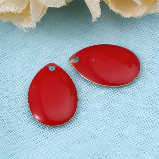 Picture of Copper Enamelled Sequins Charms Drop Brass Color Red 14mm x 10mm, 10 PCs