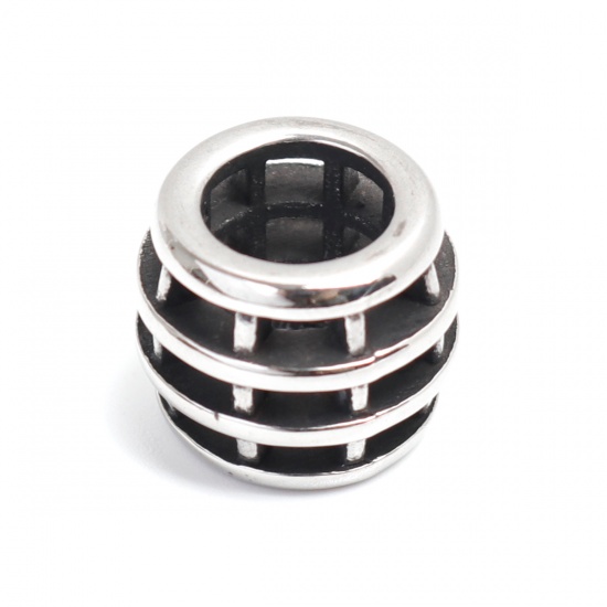 Image de Perles Coulées en 304 Acier Inoxydable Tonneau Argent Vieilli Creux 13mm x 10mm, Trou: env. 7.2mm, 1 Pièce