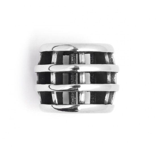 Image de Perles Coulées en 304 Acier Inoxydable Tonneau Argent Vieilli Creux 13mm x 10mm, Trou: env. 7.2mm, 1 Pièce