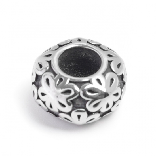 Bild von 304 Edelstahl Guss Perlen Rund Antiksilber Blumen 12mm x 7mm, Loch: ca. 5.3mm, 1 Stück
