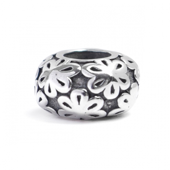Bild von 304 Edelstahl Guss Perlen Rund Antiksilber Blumen 12mm x 7mm, Loch: ca. 5.3mm, 1 Stück