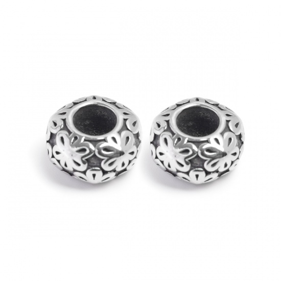 Bild von 304 Edelstahl Guss Perlen Rund Antiksilber Blumen 12mm x 7mm, Loch: ca. 5.3mm, 1 Stück