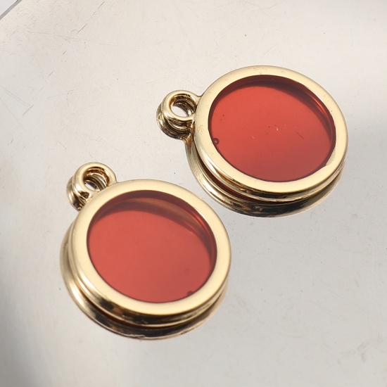 Picture of Zinc Based Alloy & Resin Charms Round Gold Plated Deep Red Transparent 16mm x 17mm, 5 PCs