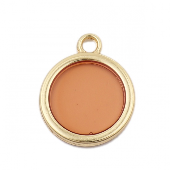 Picture of Zinc Based Alloy & Resin Charms Round Gold Plated Brown Transparent 16mm x 17mm, 5 PCs