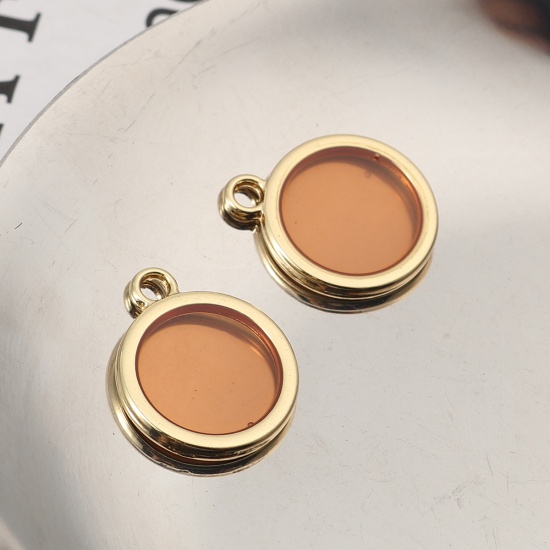 Picture of Zinc Based Alloy & Resin Charms Round Gold Plated Brown Transparent 16mm x 17mm, 5 PCs