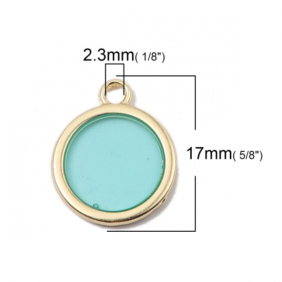 Picture of Zinc Based Alloy & Resin Charms Round Gold Plated Green Transparent 16mm x 17mm, 5 PCs
