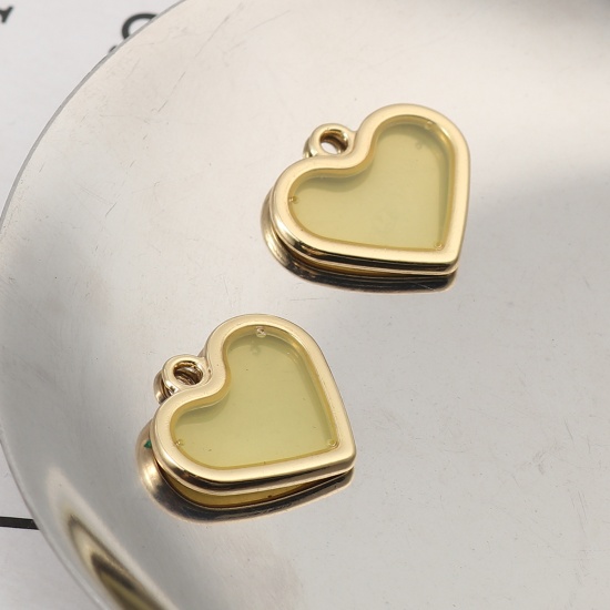 Picture of Zinc Based Alloy & Resin Charms Heart Gold Plated Yellow Transparent 19mm x 17mm, 5 PCs