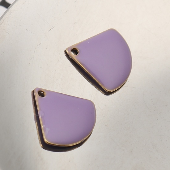 Picture of Copper Enamelled Sequins Charms Fan-shaped Brass Color Purple 13mm x 12mm, 10 PCs