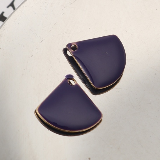 Picture of Brass Enamelled Sequins Charms Fan-shaped Brass Color Dark Purple 13mm x 12mm, 10 PCs                                                                                                                                                                         