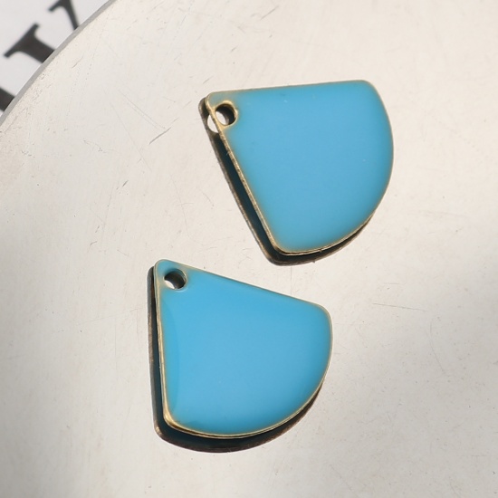 Picture of Brass Enamelled Sequins Charms Fan-shaped Brass Color Skyblue 13mm x 12mm, 10 PCs                                                                                                                                                                             