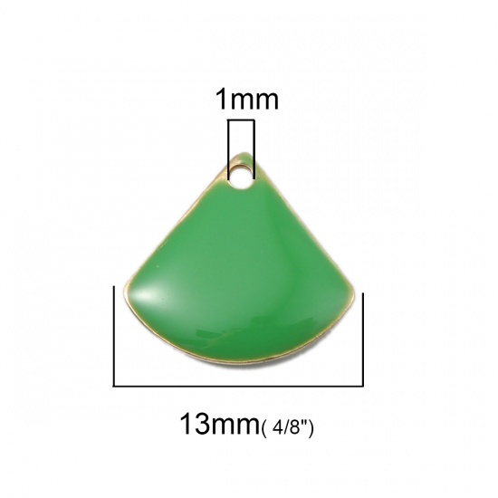 Изображение Латунь Эмалированные Блестки Подвески В формевеер Латунный Цвет Зеленый 13мм x 12мм, 10 ШТ                                                                                                                                                                    