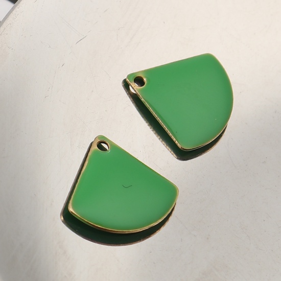 Picture of Copper Enamelled Sequins Charms Fan-shaped Brass Color Green 13mm x 12mm, 10 PCs