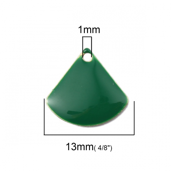Picture of Copper Enamelled Sequins Charms Fan-shaped Brass Color Dark Green 13mm x 12mm, 10 PCs