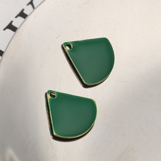 Picture of Brass Enamelled Sequins Charms Fan-shaped Brass Color Dark Green 13mm x 12mm, 10 PCs                                                                                                                                                                          