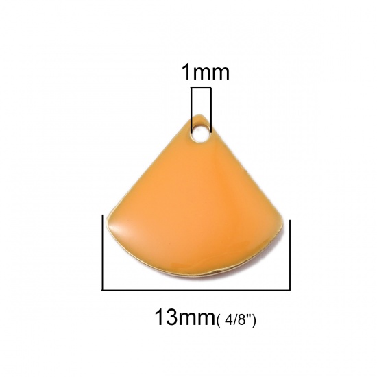 Picture of Brass Enamelled Sequins Charms Fan-shaped Brass Color Orange 13mm x 12mm, 10 PCs                                                                                                                                                                              