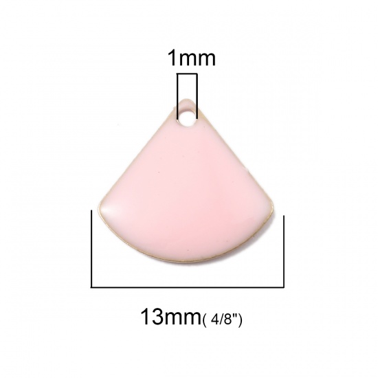 Picture of Copper Enamelled Sequins Charms Fan-shaped Brass Color Pink 13mm x 12mm, 10 PCs