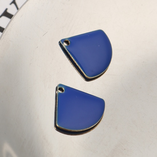 Picture of Brass Enamelled Sequins Charms Fan-shaped Brass Color Blue 13mm x 12mm, 10 PCs                                                                                                                                                                                