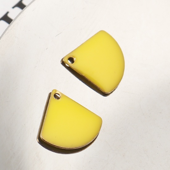 Picture of Brass Enamelled Sequins Charms Fan-shaped Brass Color Yellow 13mm x 12mm, 10 PCs                                                                                                                                                                              