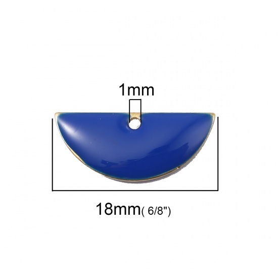 Image de Breloques Sequins Emaillés Double Face en Laiton Demi-Rond Couleur Laiton Bleu 18mm x 8mm, 10 Pcs                                                                                                                                                             