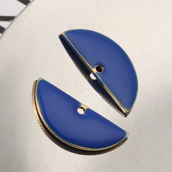 Image de Breloques Sequins Emaillés Double Face en Laiton Demi-Rond Couleur Laiton Bleu 18mm x 8mm, 10 Pcs                                                                                                                                                             