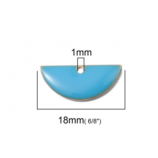 Image de Breloques Sequins Emaillés Double Face en Laiton Demi-Rond Couleur Laiton Bleu Ciel 18mm x 8mm, 10 Pcs                                                                                                                                                        
