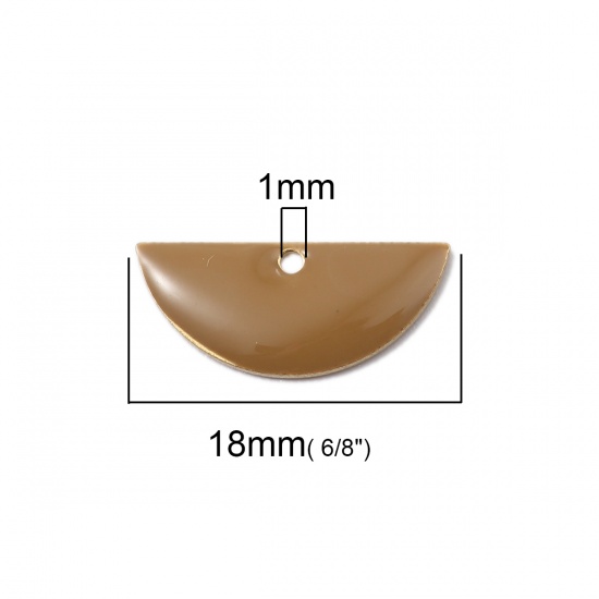 Image de Breloques Sequins Emaillés Double Face en Laiton Demi-Rond Couleur Laiton Café 18mm x 8mm, 10 Pcs                                                                                                                                                             