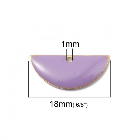 Image de Breloques Sequins Emaillés Double Face en Laiton Demi-Rond Couleur Laiton Mauve 18mm x 8mm, 10 Pcs                                                                                                                                                            