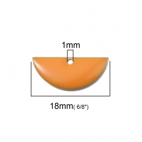 Image de Breloques Sequins Emaillés Double Face en Laiton Demi-Rond Couleur Laiton Orange 18mm x 8mm, 10 Pcs                                                                                                                                                           