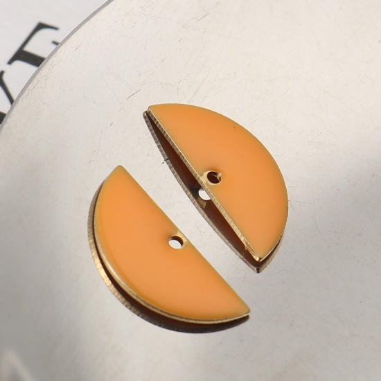 Image de Breloques Sequins Emaillés Double Face en Laiton Demi-Rond Couleur Laiton Orange 18mm x 8mm, 10 Pcs                                                                                                                                                           