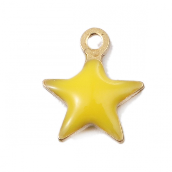 Bild von Kupfer Emaillierte Pailletten Charms Pentagramm Stern Messingfarbe Gelb 9mm x 8mm, 10 Stück