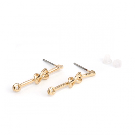 Picture of Zinc Based Alloy Ear Post Stud Earrings Findings Knot Gold Plated W/ Loop 25mm x 5mm, Post/ Wire Size: (21 gauge), 10 PCs