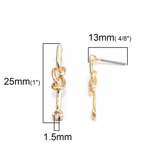 Picture of Zinc Based Alloy Ear Post Stud Earrings Findings Knot Gold Plated W/ Loop 25mm x 5mm, Post/ Wire Size: (21 gauge), 10 PCs