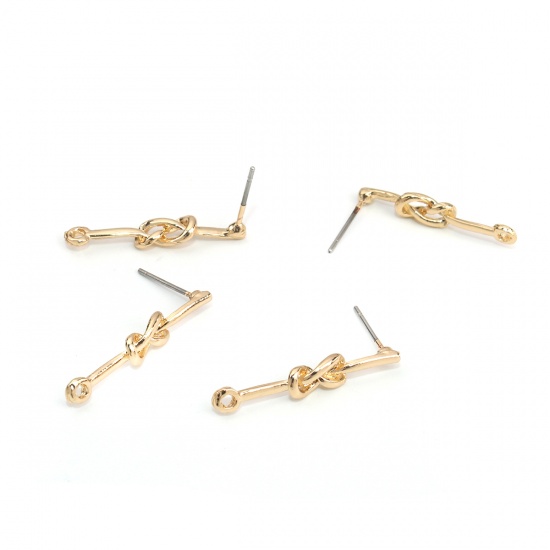 Picture of Zinc Based Alloy Ear Post Stud Earrings Findings Knot Gold Plated W/ Loop 25mm x 5mm, Post/ Wire Size: (21 gauge), 10 PCs