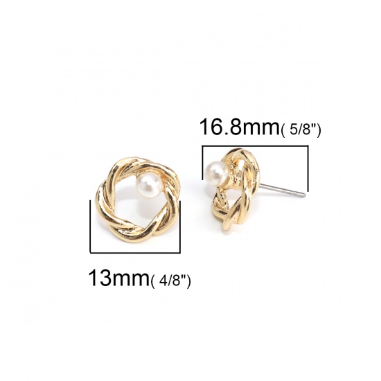 Picture of Zinc Based Alloy Ear Post Stud Earrings Findings Knot Gold Plated White Acrylic Imitation Pearl 13mm x 12mm, Post/ Wire Size: (21 gauge), 10 PCs