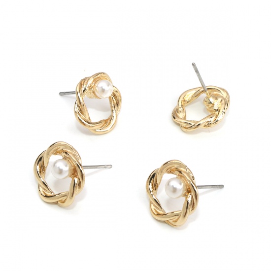 Picture of Zinc Based Alloy Ear Post Stud Earrings Findings Knot Gold Plated White Acrylic Imitation Pearl 13mm x 12mm, Post/ Wire Size: (21 gauge), 10 PCs