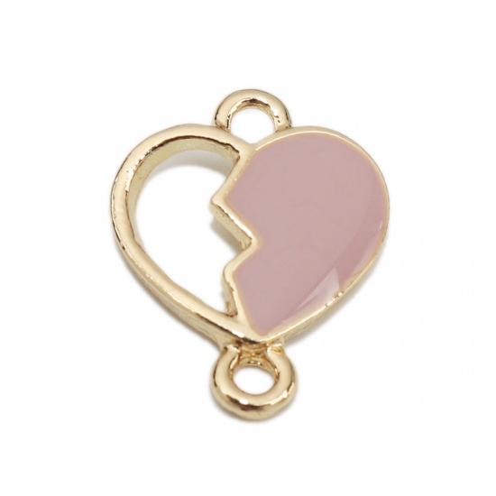 Picture of Zinc Based Alloy Connectors Broken Heart Gold Plated Pink Enamel 18mm x 14mm, 10 PCs
