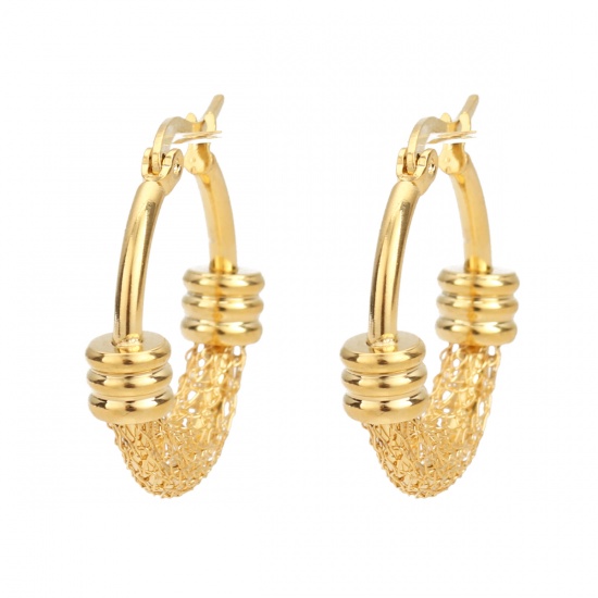 Imagen de 304 Acero Inoxidable Pendientes Círculos Chapado en Oro Ronda Hueco 28mm x 26mm, Post/ Wire Size: (17 gauge), 1 Par