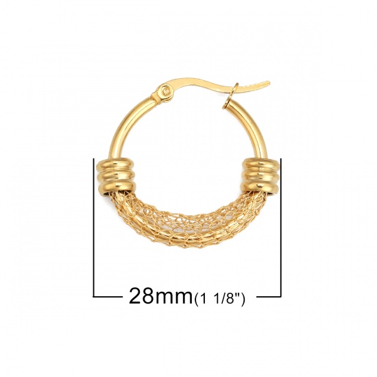 Imagen de 304 Acero Inoxidable Pendientes Círculos Chapado en Oro Ronda Hueco 28mm x 26mm, Post/ Wire Size: (17 gauge), 1 Par