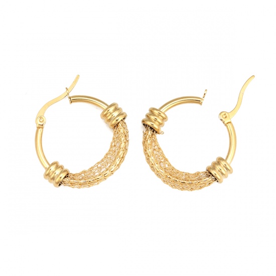 Imagen de 304 Acero Inoxidable Pendientes Círculos Chapado en Oro Ronda Hueco 28mm x 26mm, Post/ Wire Size: (17 gauge), 1 Par