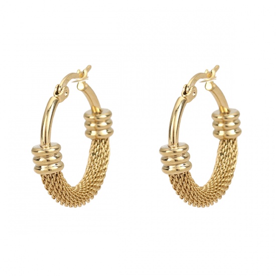 Imagen de 304 Acero Inoxidable Pendientes Círculos Chapado en Oro Ronda Hueco 29mm x 28mm, Post/ Wire Size: (17 gauge), 1 Par