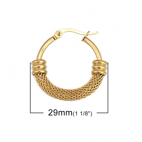 Imagen de 304 Acero Inoxidable Pendientes Círculos Chapado en Oro Ronda Hueco 29mm x 28mm, Post/ Wire Size: (17 gauge), 1 Par