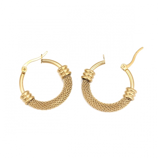 Imagen de 304 Acero Inoxidable Pendientes Círculos Chapado en Oro Ronda Hueco 29mm x 28mm, Post/ Wire Size: (17 gauge), 1 Par