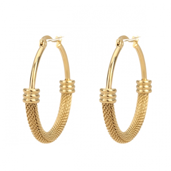 Imagen de 304 Acero Inoxidable Pendientes Círculos Chapado en Oro Ronda Hueco 3.9cm x 3.7cm, Post/ Wire Size: (17 gauge), 1 Par