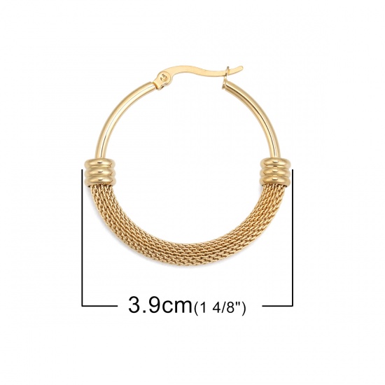 Imagen de 304 Acero Inoxidable Pendientes Círculos Chapado en Oro Ronda Hueco 3.9cm x 3.7cm, Post/ Wire Size: (17 gauge), 1 Par