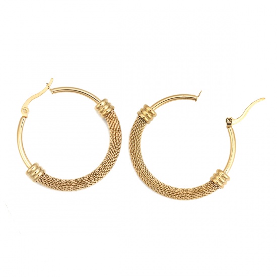 Imagen de 304 Acero Inoxidable Pendientes Círculos Chapado en Oro Ronda Hueco 3.9cm x 3.7cm, Post/ Wire Size: (17 gauge), 1 Par