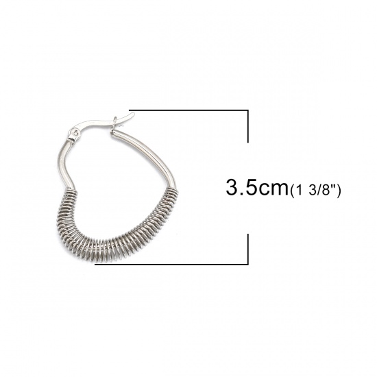 Immagine di 304 Acciaio Inossidabile orecchino cerchio Tono Argento Cuore 3.5cm x 2.9cm, Posta / Filo Dimensione: (17 misura), 1 Paio