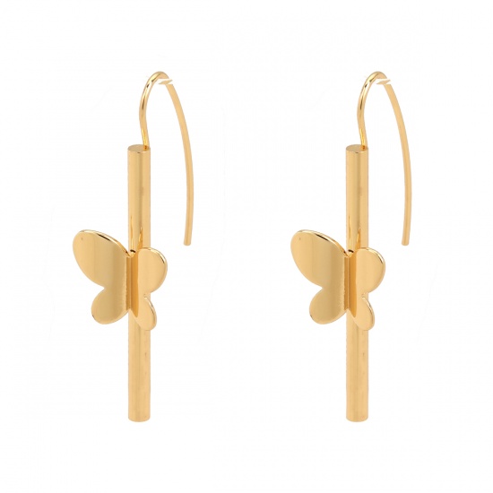 Picture of 304 Stainless Steel Earrings Gold Plated Cylinder Butterfly 5cm x 1.4cm, Post/ Wire Size: (18 gauge), 1 Pair