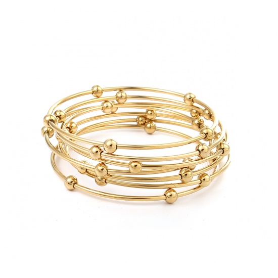 Picture of 304 Stainless Steel Stacking Bangles Bracelets Gold Plated Round 23cm(9") long - 22cm(8 5/8") long, 1 Set ( 7 PCs/Set)