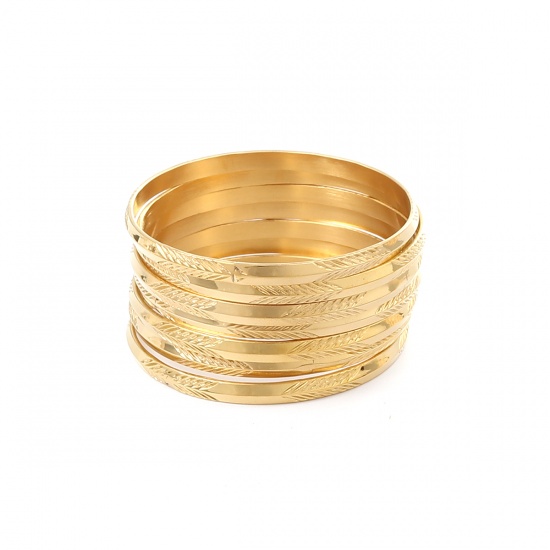 Picture of 304 Stainless Steel Stacking Bangles Bracelets Gold Plated Round Leaf 23cm(9") long - 22cm(8 5/8") long, 1 Set ( 7 PCs/Set)