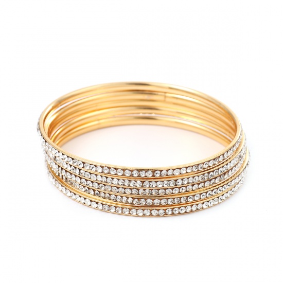Picture of 304 Stainless Steel Stacking Bangles Bracelets Gold Plated Round Clear Rhinestone 23cm(9") long - 22cm(8 5/8") long, 1 Set ( 5 PCs/Set)